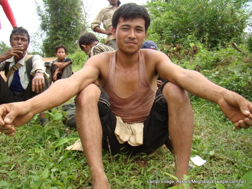 A Gorkha of Lampi at a construction site on the road that connects his village to Guwahati, Assam