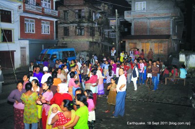 locals gather outside after the earthquake in lalitpur