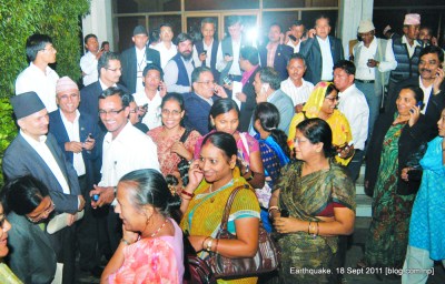 prime minister bhattarai and maoist leader prachanda with lawmakers in the constituent assembly complex after the earthquake