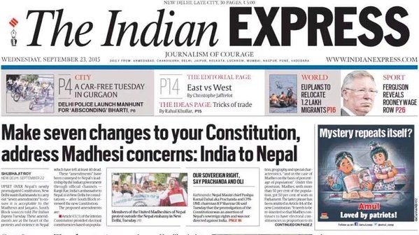Indian Express headline before the blockade