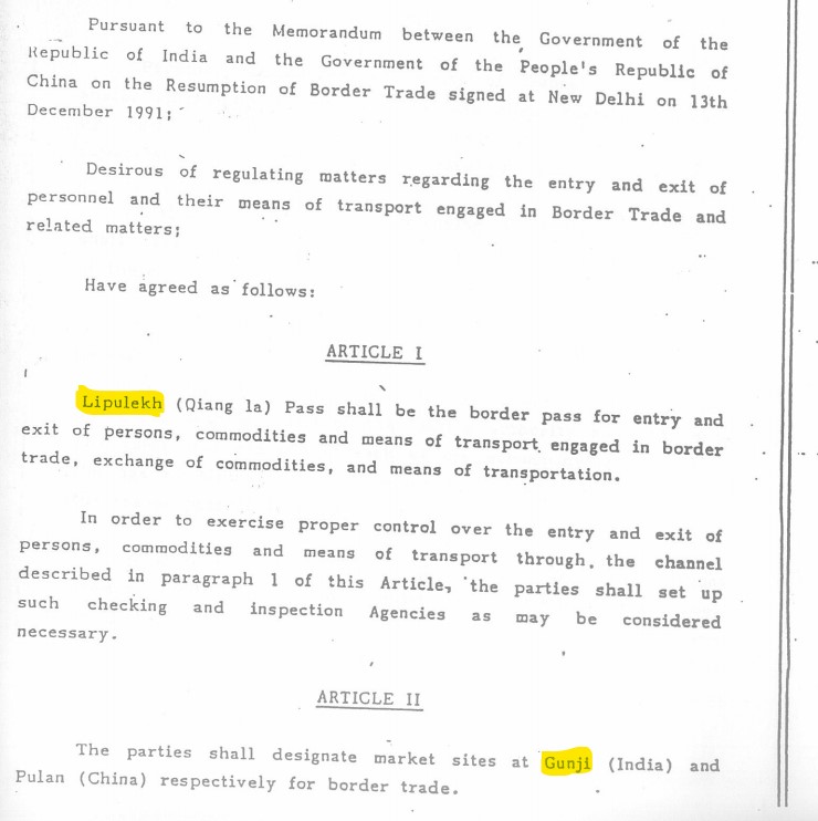 India and China signed a Protocol on Entry and Exit Procedures for Border Trade on 1 July 1992.